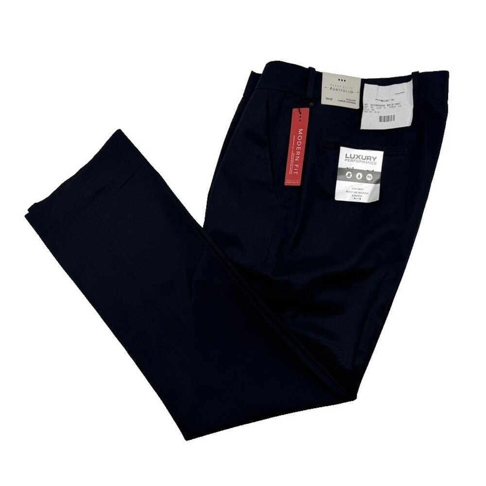 $95 NEW PERRY ELLIS PORTFOLIO Mens 34x32 Solid Navy Soft Dress Pants/Slacks